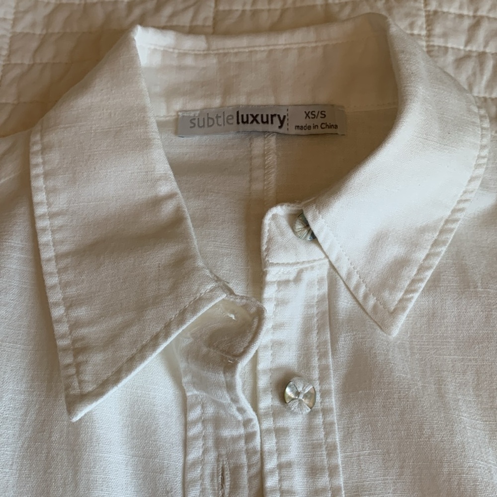 Subtle Luxury linen mother pearl button down dress